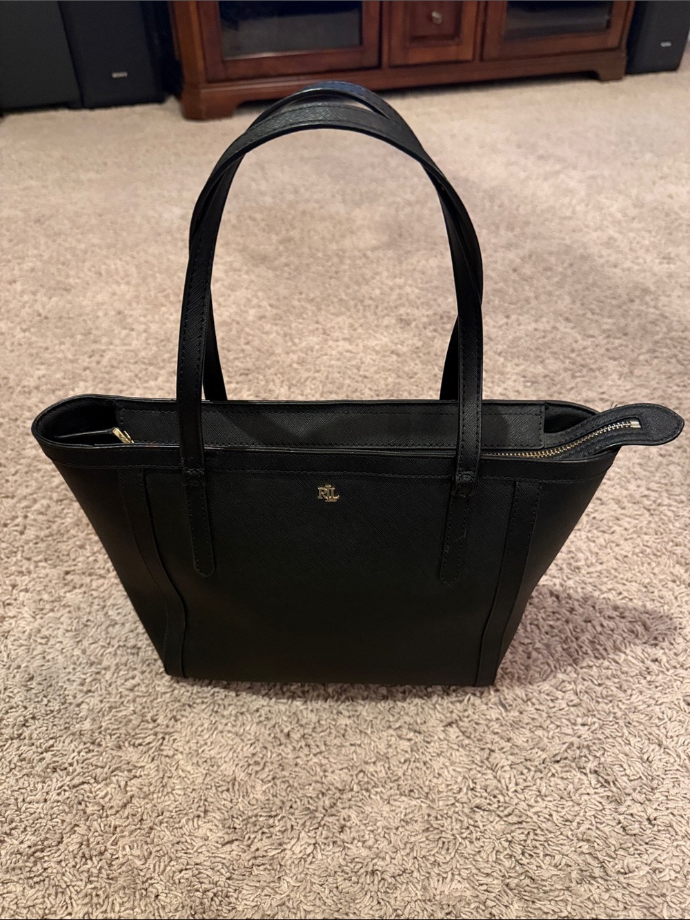 Ralph Lauren Black Saffiano Leather Tote with Gold RL Logo